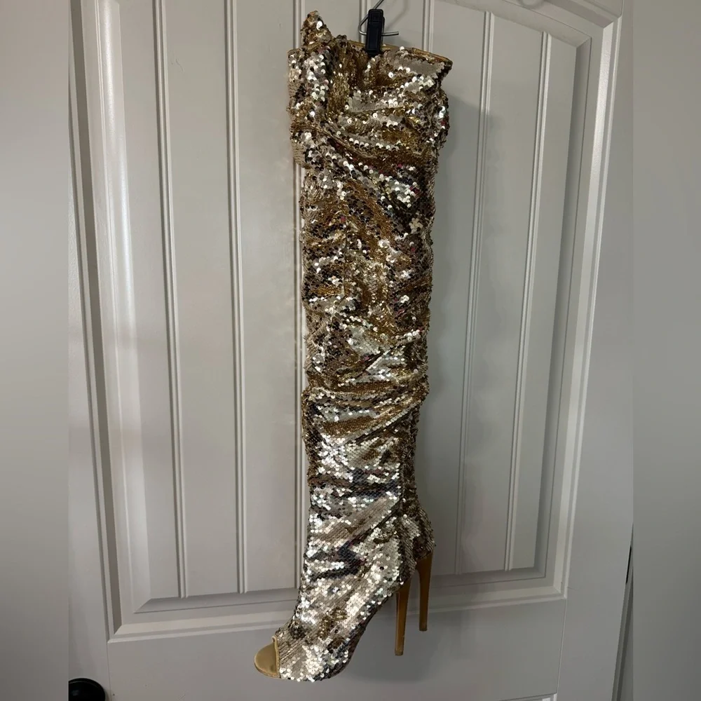 CAMSSOO 🌟 Gold Sequins Over-the-Knee Stiletto Peep-Toe Boots (Women's Size 8.5)